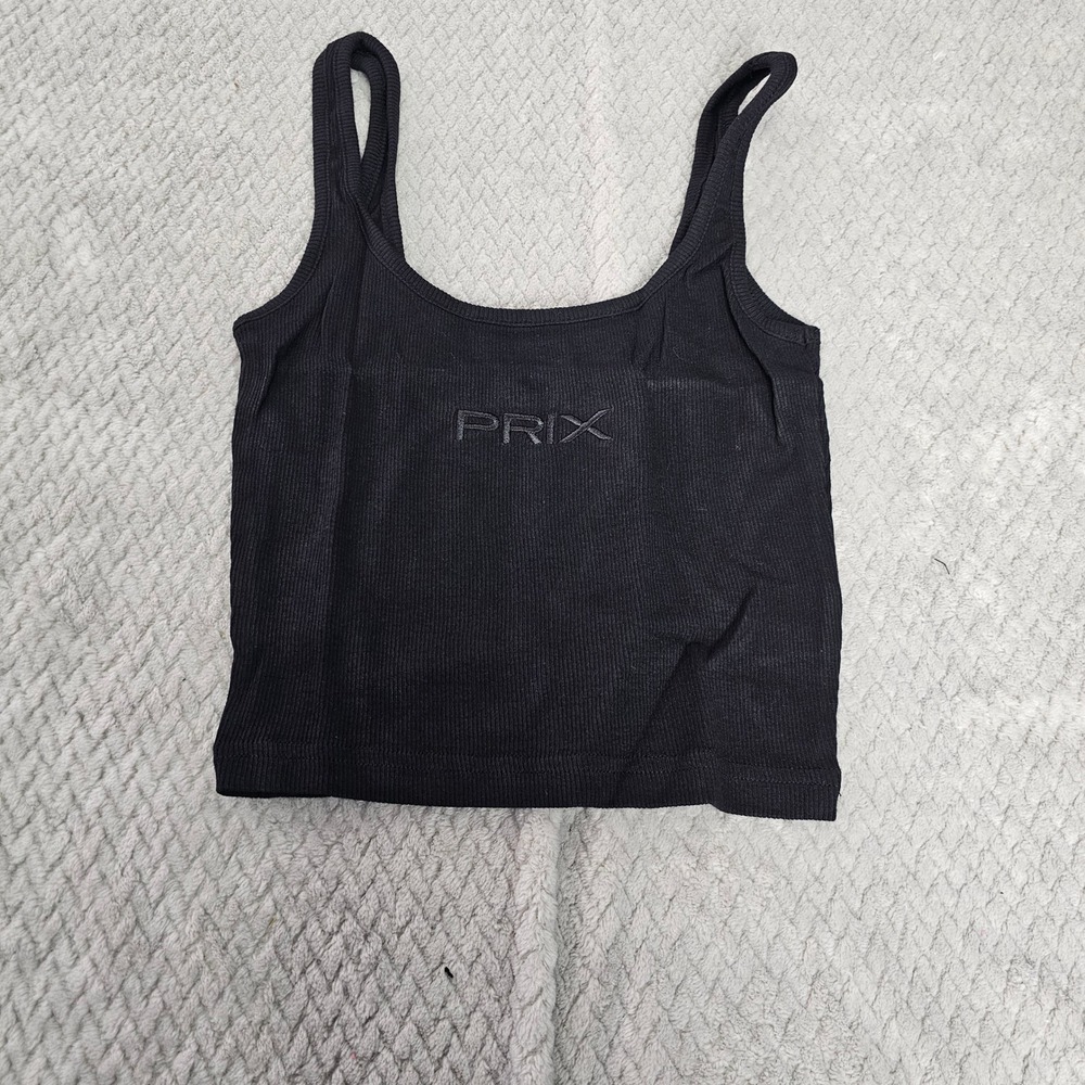PRIX Black Ribbed Crop Tank Top Size S Embroidered Logo